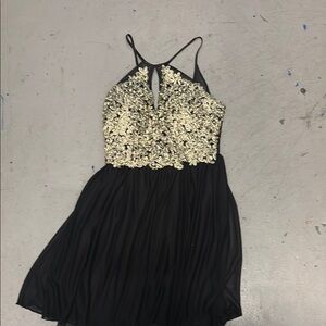 Sequin Hearts Black and Gold Embellished Pleated Dress
